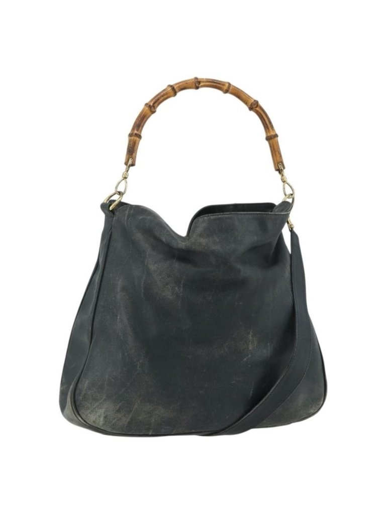Authentic Gucci Bamboo Shoulder Bag Leather 2way Black Gold